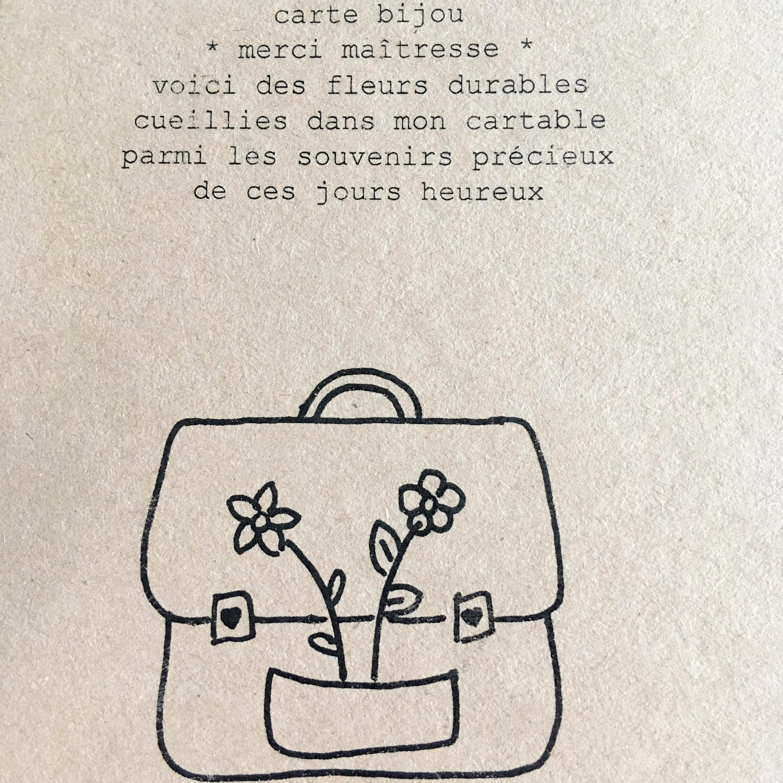 du vent dans mes valises - carte bijou postale merci maîtresse avec broche en cuir made in France